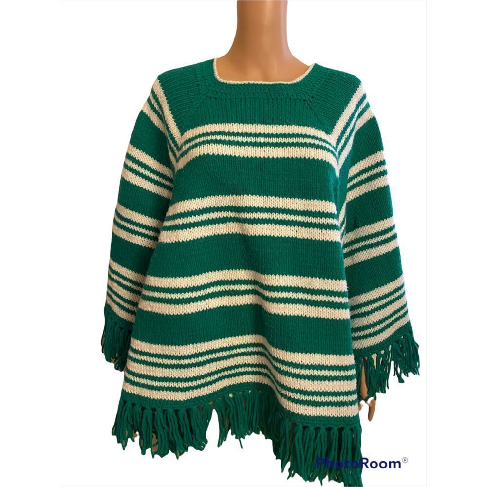 Vintage Green and Cream Striped Poncho